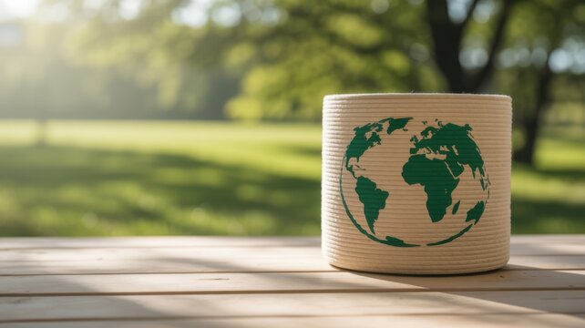 Handcrafted Paper Cup With World Map Design On Wooden Table Outdoors