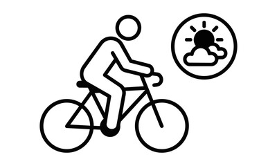 Obraz premium Minimalist black and white monoline icon of a person riding a bicycle with sun and cloud symbols outdoor recreation concept