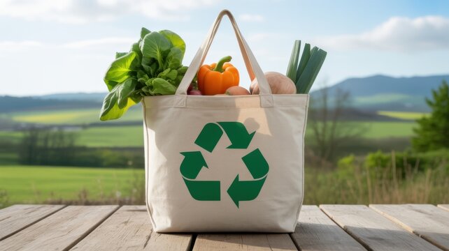 Eco Friendly Reusable Grocery Bag With Fresh Organic Vegetables On Wooden Table
