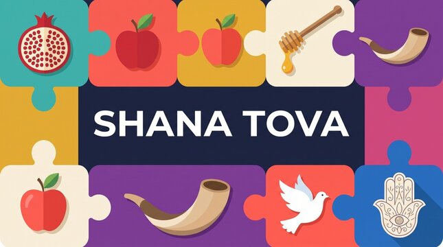 Shana tova greeting card for the jewish new year features traditional symbols like apples, honey, shofars, and pomegranates in a modern style