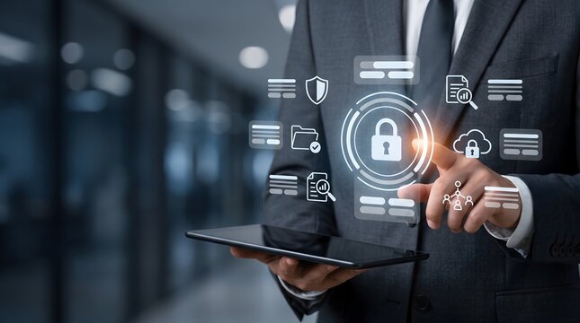 Corporate executive managing digital security access with glowing padlock interface representing enterprise data compliance