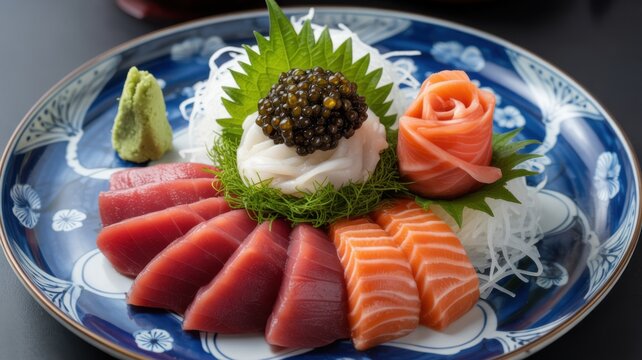 Fresh sashimi platter with tuna, salmon, and caviar on blue ceramic dish