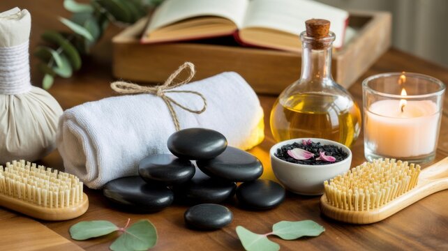 Natural Spa Essentials With Smooth Stones And Aromatherapy Oil On Wooden Tray