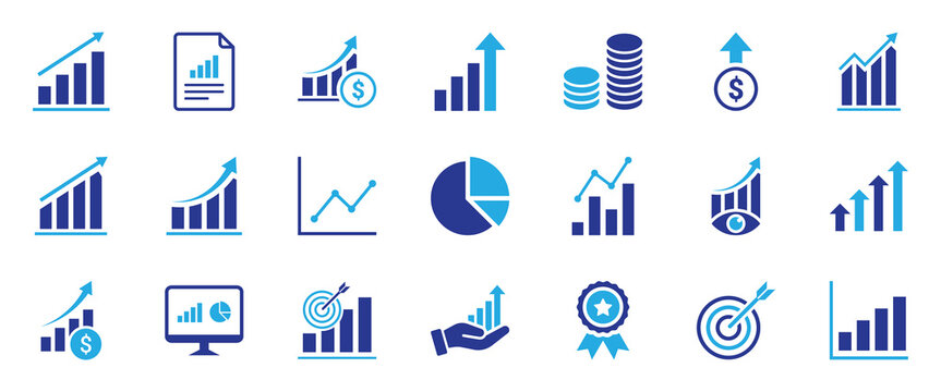 Growth icon set. Financial profit solid icon set. Containing arrow up, growing graph, business chart icons. Vector illustration isolated on white background. EPS 10.