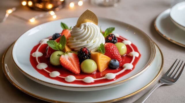 Delicious Dessert Plate With Fresh Berries And Cream On Dining Table