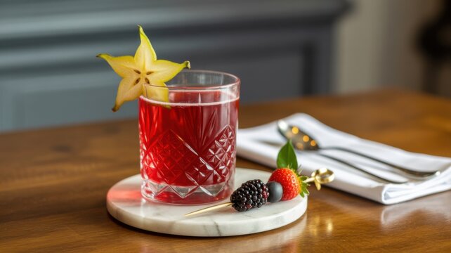 Refreshing Cranberry Cocktail With Star Anise And Blackberries On Wooden Table
