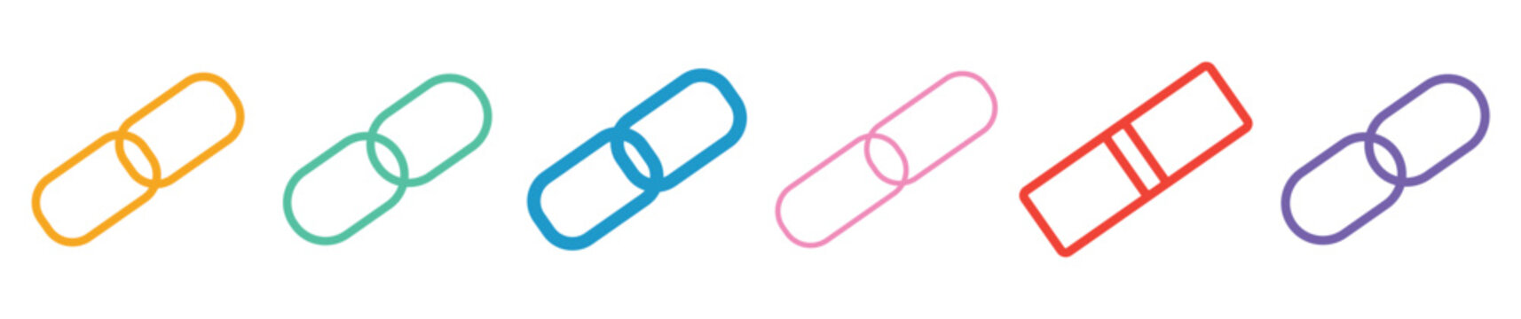 colorful chain link icon row. connected two ring links in orange blue pink and purple. hyperlink and connection symbols. horizontal link element set
