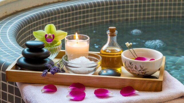 Spa relaxation setup with candle, essential oil, and orchid on wooden tray