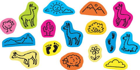 Obraz premium A collection of colorful, hand-drawn stickers featuring llamas, sheep, cacti, mountains, and other nature elements.