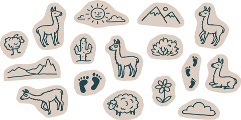 Obraz premium Collection of hand-drawn illustrations featuring llamas, sheep, desert plants, mountains, and footprints.