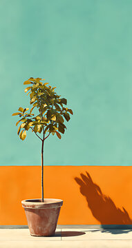 a potted tree in front of a blue and yellow background