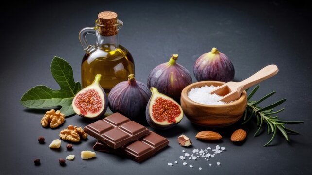 Fresh figs, olive oil, dark chocolate, and spices on rustic dark background
