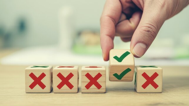 Hand selecting correct option on wooden decision making blocks with checkmark and cross