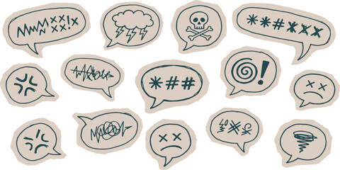 Fototapeta premium Collection of hand-drawn speech bubbles with symbols representing anger, frustration, and negative emotions.