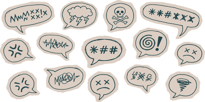 Collection of hand-drawn speech bubbles with symbols representing anger, frustration, and negative emotions.