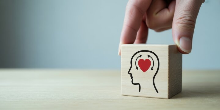 Hand holding wooden block with drawn brain and red heart symbolizing mental health care
