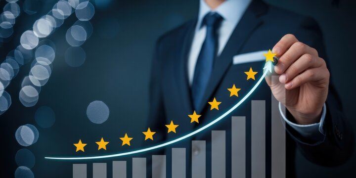 Businessman Drawing Rising Growth Chart With Golden Stars On Dark Background