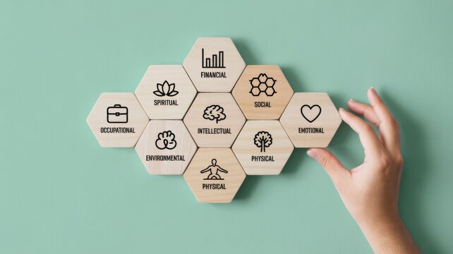 Hand Holding Hexagonal Wooden Blocks With Wellness And Lifestyle Icons
