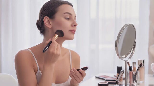 Attractive woman applying blush with makeup brush. Daily beauty routine and self-care at home. Lockdown medium shot.