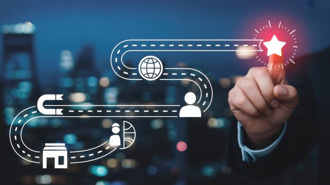 Business professional touching global network with digital finance icons and glowing star