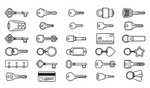 Black and White Keys and Keychains Vector Collection with Editable Outline Illustrations