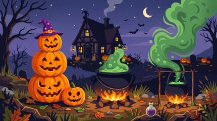 Fototapeta premium Happy Halloween Typography Poster with Jack O Lanterns, Bats, Ghosts and Spiderwebs on Dark Purple Background - Spooky Fun Costume Party Design