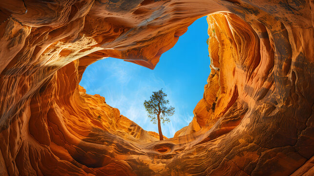 Heart shaped cave opening with a tree. Natural rock arch framing a lone pine tree.