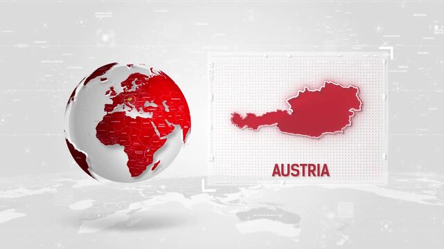 Austria 4K Tech Map Beside Globe On White Background.