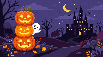 Fototapeta premium Happy Halloween Typography Poster with Jack O Lanterns, Bats, Ghosts and Spiderwebs on Dark Purple Background - Spooky Fun Costume Party Design