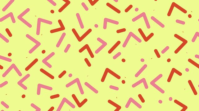 Abstract memphis pattern background. Colorful geometric shapes moving on yellow backdrop.