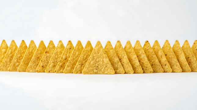 Corn tortilla chips lined up in a perfect row, showcasing their crisp texture and golden color