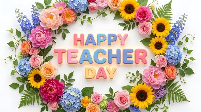 Beautiful floral wreath frame with colorful flowers surrounding a happy teachers day greeting message card