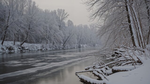A snowy winter scene along a river with snow-covered trees and branches, creating a peaceful and cold landscape.