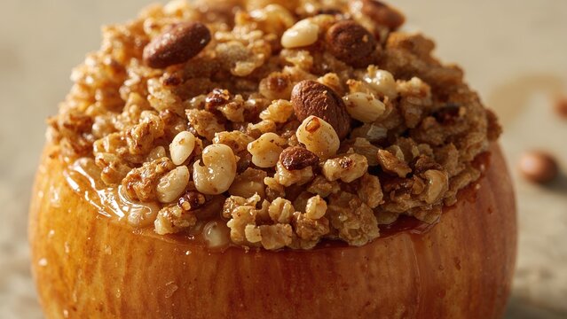 Baked apple filled with granola, nuts, and dried fruits. Healthy snack or dessert option. Fruits and grains combination. Nutty and crispy topping.
