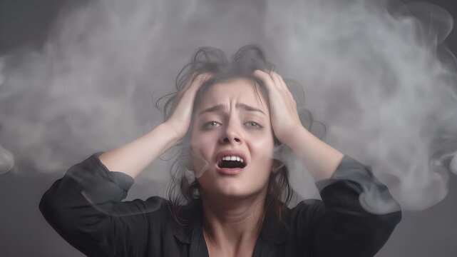 Stressed young woman holding head with smoke rising from hair. Mental burnout and emotional exhaustion concept. Static medium shot.
