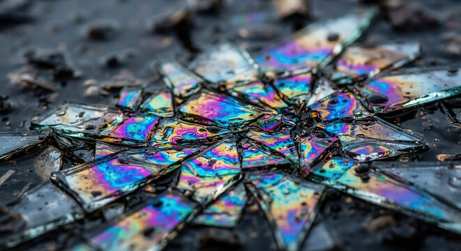 Abstract background of shattered glass texture with holographic rainbow light reflection.