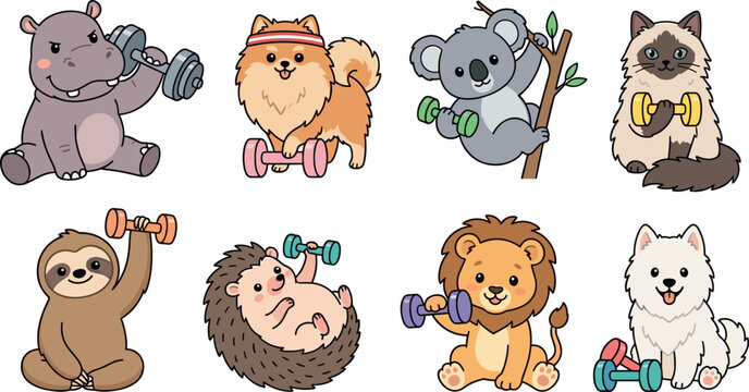 Cute Animal Fitness Characters Lifting Dumbbells Cartoon Vector Set Featuring Hippo Lion Koala Sloth Hedgehog Cat Dog and Pomeranian