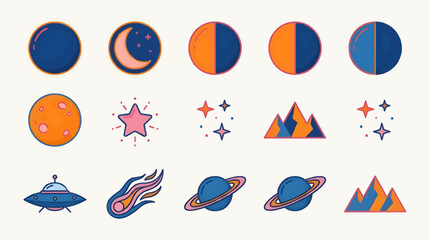 Minimalist Vector Icon Sheet of Planets, Stars, Mountains, UFO, and Comet in a Flat Graphic Style, Space and Nature Elements Collection © sukarna