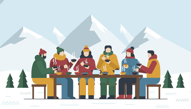 Group of friends sitting at a wooden table eating warm soup in front of a scenic snowy mountain landscape during winter.