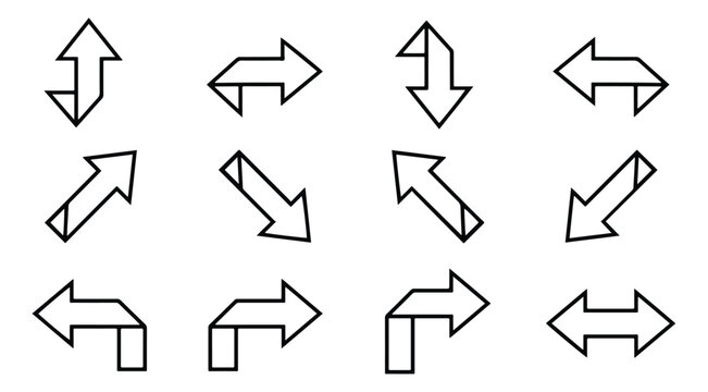 Minimalist black outline arrow icons, set of 12 geometric directional pointers, modern thin line vector arrows for navigation and interface design