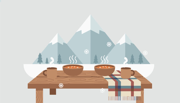 Hot bowls of soup and mugs placed on a rustic wooden table with a view of snowy mountains and falling snowflakes.