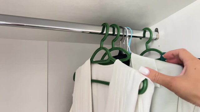 A woman's hand is sorting through the clothes hangers in the light closet and pulling out a white shirt. Concept: choosing an outfit, organizing a wardrobe, getting ready in the morning, order in the