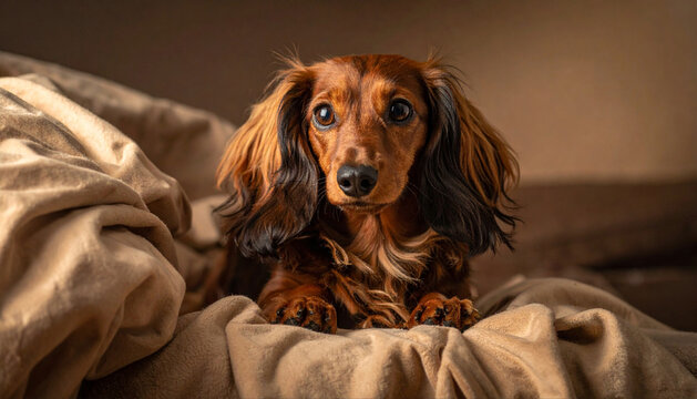 毛布に入ってこちらを見つめるリアルでかわいい茶色の犬