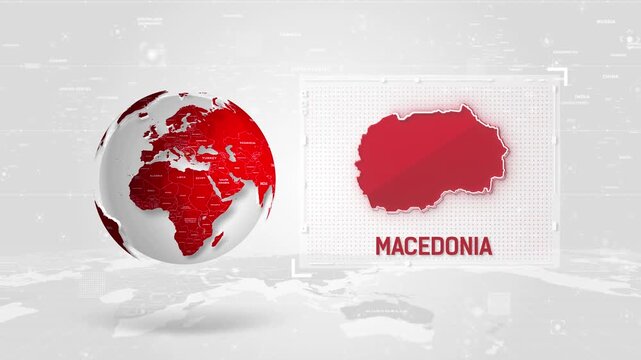 Macedonia 4K Tech Map Beside Globe On White Background.