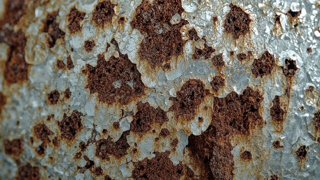 A close-up of rust and corrosion on a surface showing patches of brown rust and white corrosion.