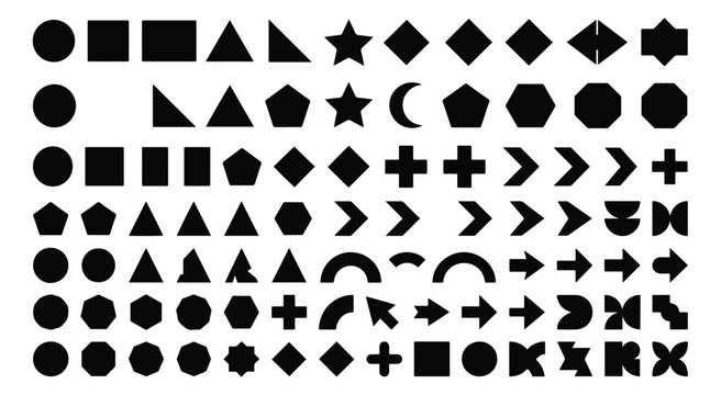 Minimalist geometric shapes collection, black silhouette basic icons set, flat vector graphic elements for logo design and UI patterns