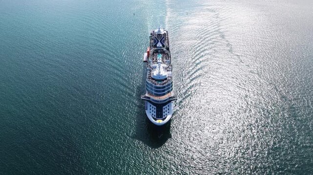 Entertainment deck. Aerial top view of cruise summer vacation. Cruise ship tour and travel at sea. Aerial luxury liner voyage. Ship top view. Luxury liner resort. Cruise ship voyage. Pool deck