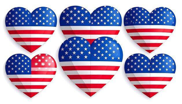 Six heart shapes featuring the American flag design, using the colors red, white, and blue