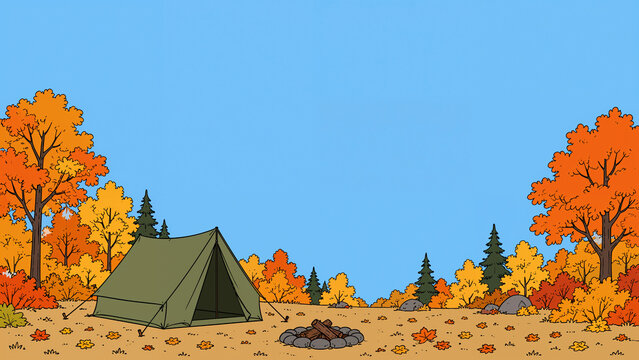 Autumn Camping Illustration with Tent and Colorful Fall Forest