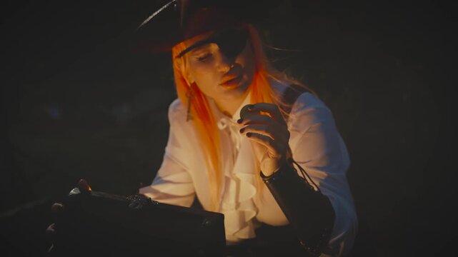 woman one-eyed pirate opening magical treasure chest with gold, hands touching royal jewels jewelry pearls. island beach sea. dark wooden box with lock. Girl thief. game search for pirates treasure 4k